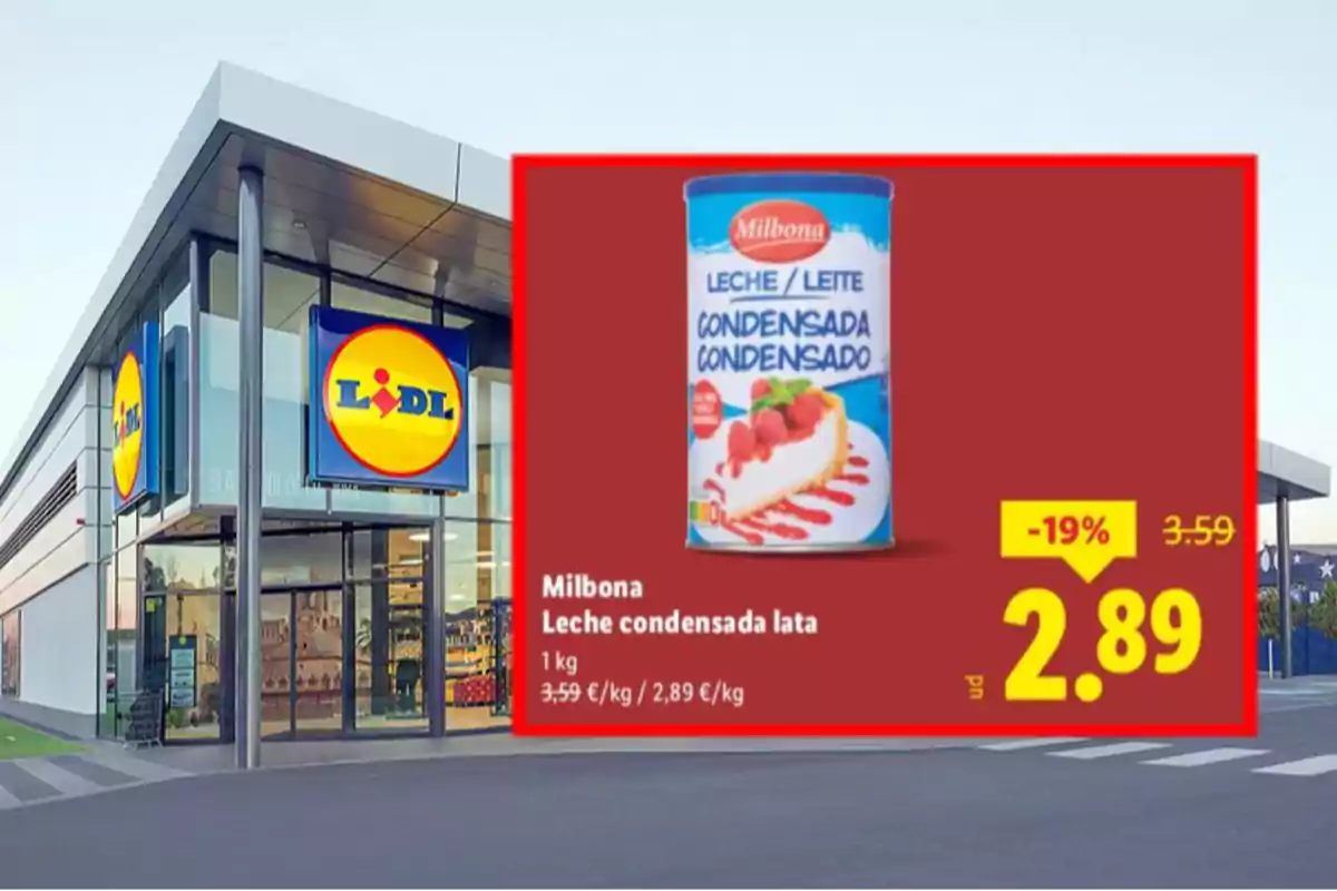 Façana de supermercat Lidl amb una promoció de llet condensada Milbona en llauna d’un quilo a 2,89 euros amb un descompte del 19 per cent Façana de supermercat Lidl amb una promoció de llet condensada Milbona en llauna d’un quilo a 2,89 euros amb un descompte del 19 per cent