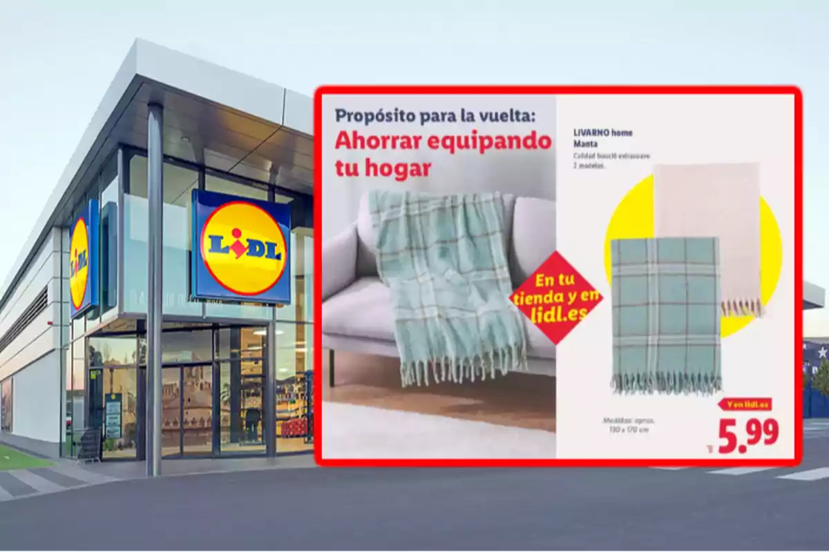 Façana d’una botiga Lidl amb un cartell promocional de mantes a 5,99 euros destacant l’estalvi en equipar la llar