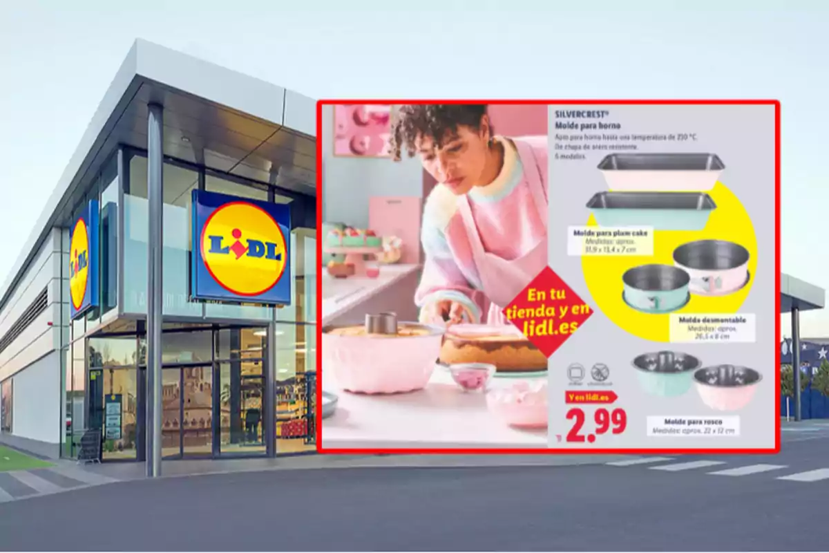 Façana d’una botiga Lidl amb un cartell promocional de motlles per enfornar i una persona decorant un pastís Façana d’una botiga Lidl amb un cartell promocional de motlles per enfornar i una persona decorant un pastís