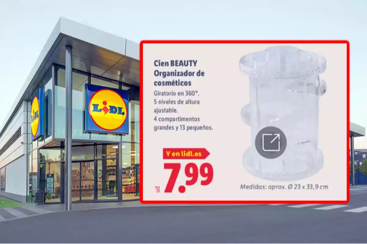 Façana d’una botiga Lidl amb un anunci d’un organitzador de cosmètics giratori de 360 graus a un preu de 7,99 euros Façana d’una botiga Lidl amb un anunci d’un organitzador de cosmètics giratori de 360 graus a un preu de 7,99 euros