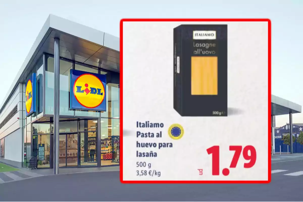 Façana d’un supermercat Lidl amb un anunci de pasta per a lasanya italiana a 1,79 euros Façana d’un supermercat Lidl amb un anunci de pasta per a lasanya italiana a 1,79 euros