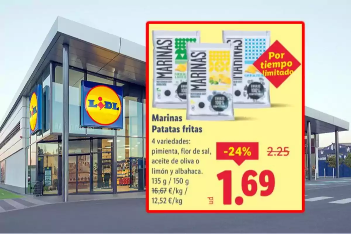 Façana d’un supermercat Lidl amb una promoció de patates fregides Marinas de diferents sabors a un preu rebaixat d’1,69 euros per temps limitat.