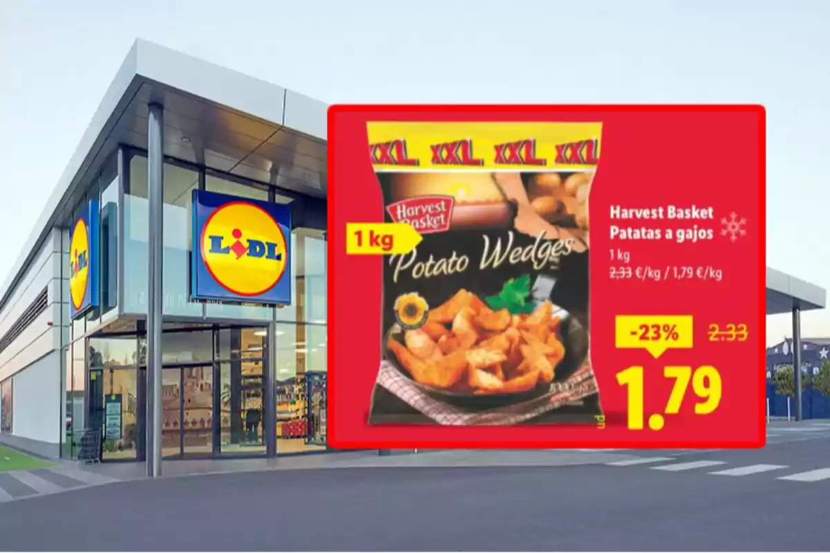 Façana de supermercat Lidl amb una promoció de patates a grills Harvest Basket d’un quilo en oferta a 1,79 euros Façana de supermercat Lidl amb una promoció de patates a grills Harvest Basket d’un quilo en oferta a 1,79 euros