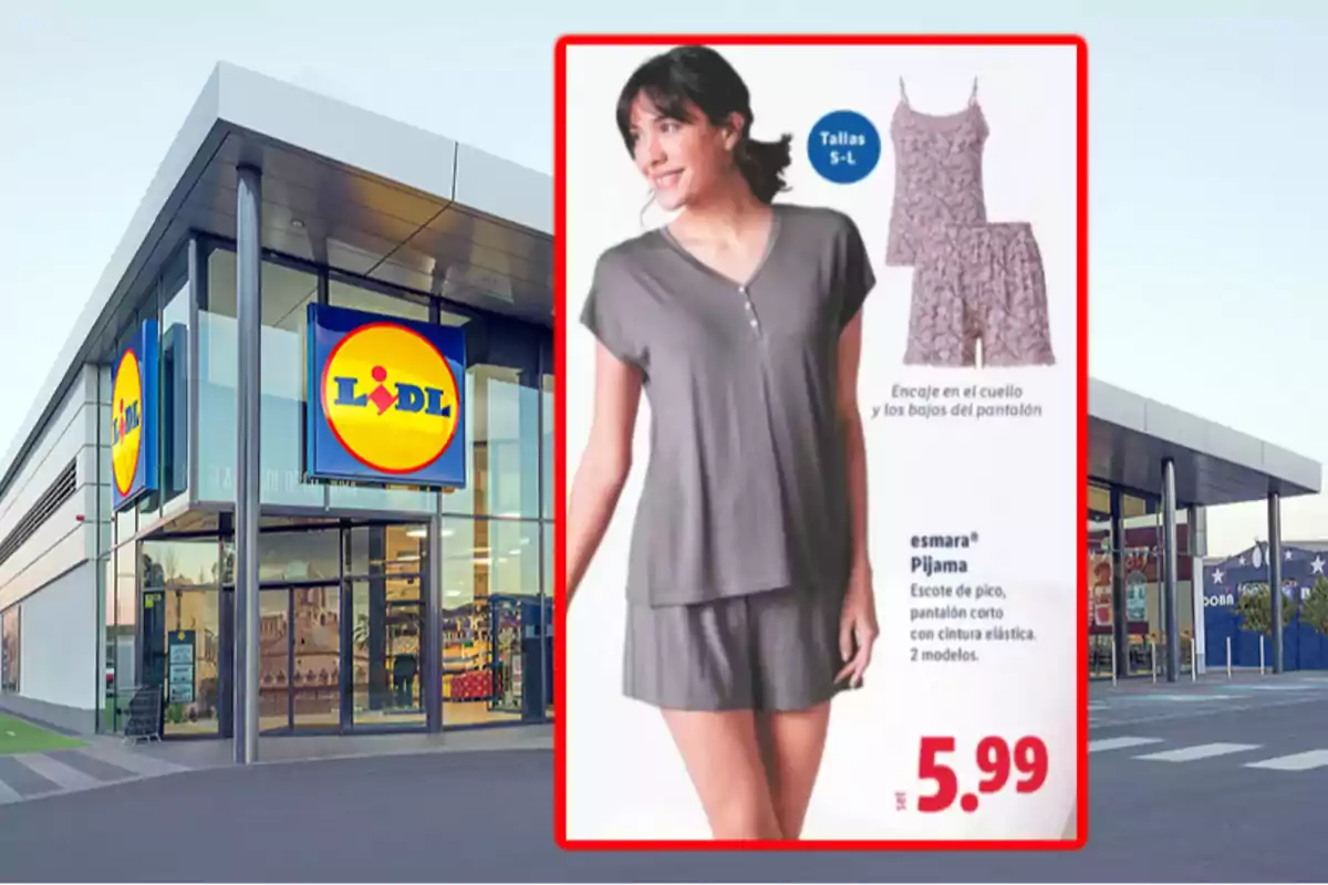 Façana d’una botiga Lidl amb un anunci de pijama Esmará per a dona en primer pla amb un preu de 5,99 euros Façana d’una botiga Lidl amb un anunci de pijama Esmará per a dona en primer pla amb un preu de 5,99 euros