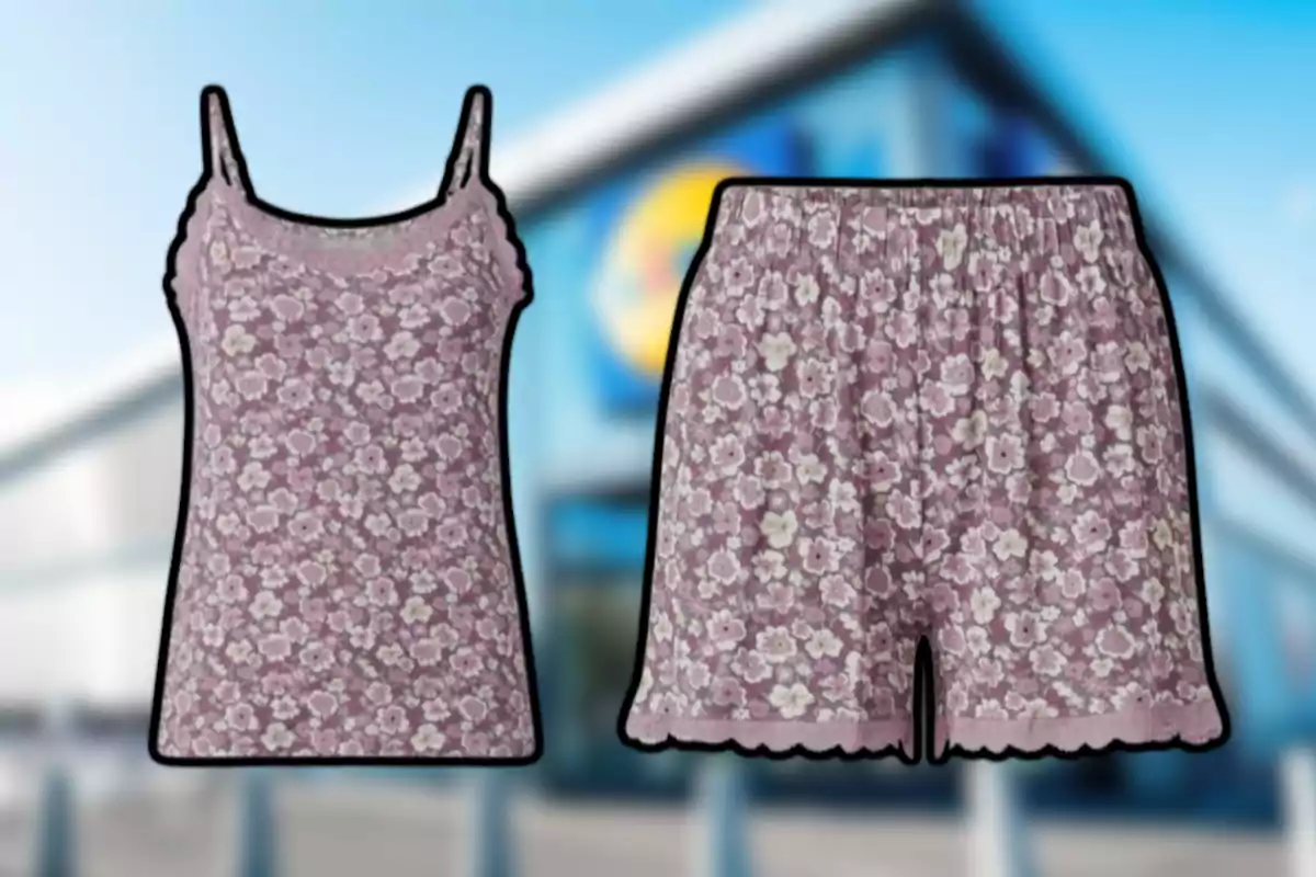 Conjunt de pijama de tirants i pantalons curts amb estampat floral en tons liles i fons desenfocat d’una botiga Conjunt de pijama de tirants i pantalons curts amb estampat floral en tons liles i fons desenfocat d’una botiga