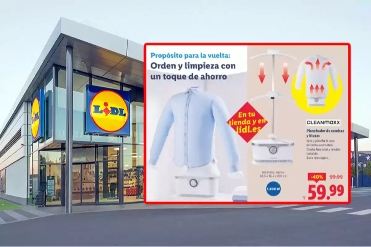 Façana d’una botiga Lidl amb un cartell publicitari d’una planxa automàtica de camises i bruses en oferta per 59,99 euros Façana d’una botiga Lidl amb un cartell publicitari d’una planxa automàtica de camises i bruses en oferta per 59,99 euros