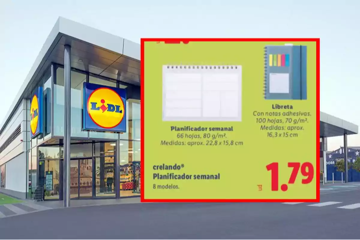 Façana d’una botiga Lidl amb un cartell promocional d’un planificador setmanal i una llibreta amb notes adhesives a un preu d’1,79 euros.