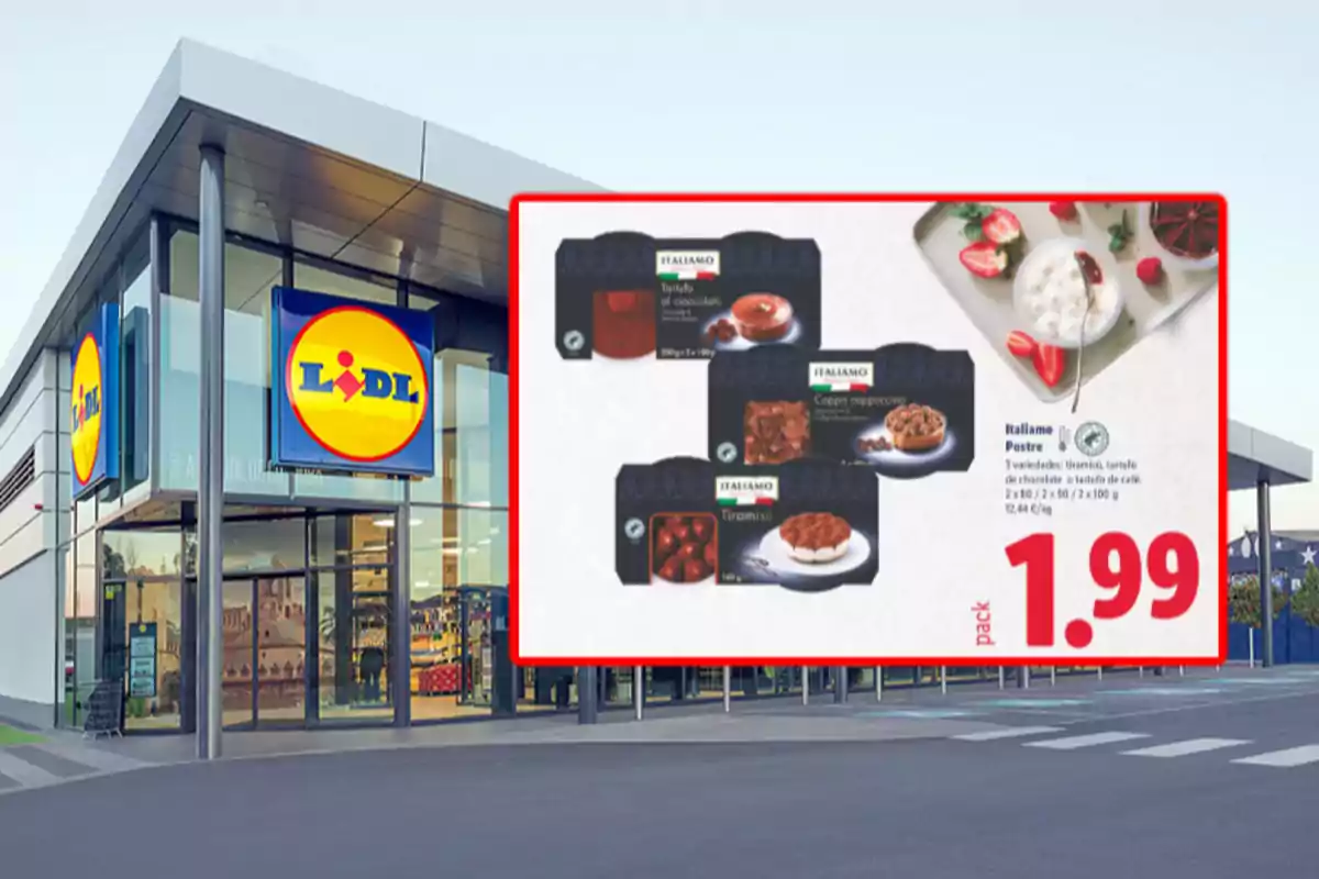 Façana d’un supermercat Lidl amb un cartell promocional de postres italians de la marca Italiamo a un preu d’1,99 euros per paquet. Façana d’un supermercat Lidl amb un cartell promocional de postres italians de la marca Italiamo a un preu d’1,99 euros per paquet.