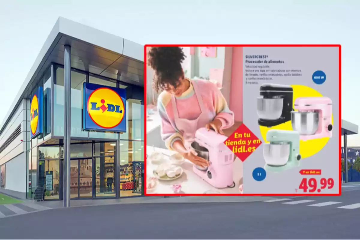 Façana d’una botiga Lidl amb un anunci de batedores de colors en oferta i una dona utilitzant-ne un. Façana d’una botiga Lidl amb un anunci de batedores de colors en oferta i una dona utilitzant-ne un.