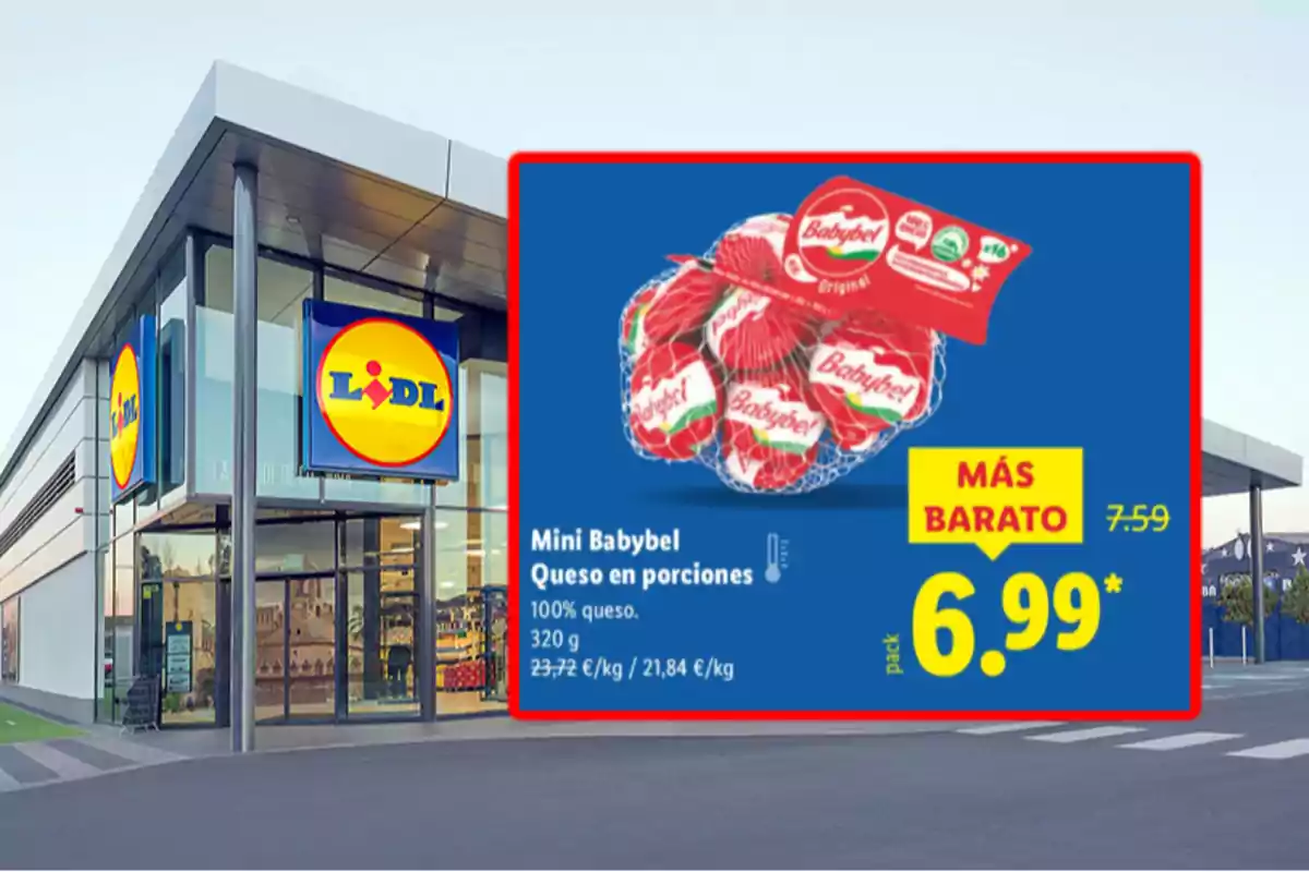 Façana de supermercat Lidl amb una promoció de formatge Mini Babybel en porcions a 6,99 euros el paquet destacada en un cartell blau i groc Façana de supermercat Lidl amb una promoció de formatge Mini Babybel en porcions a 6,99 euros el paquet destacada en un cartell blau i groc