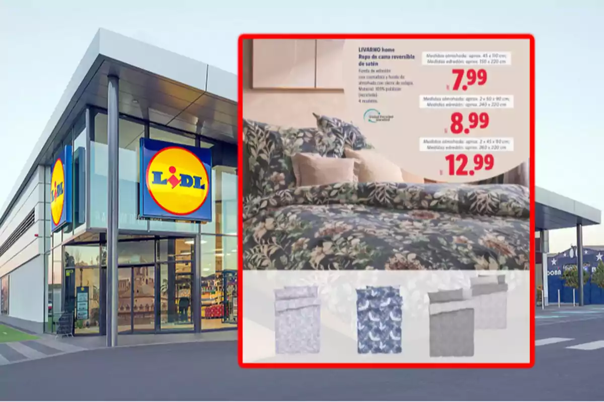 Façana d’una botiga Lidl amb un anunci de roba de llit reversible de setí en diferents colors i preus destacats Façana d’una botiga Lidl amb un anunci de roba de llit reversible de setí en diferents colors i preus destacats