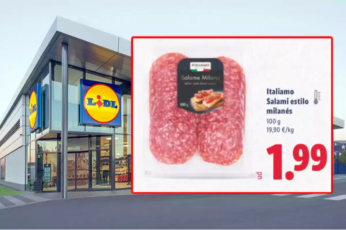 Façana de supermercat Lidl amb una promoció de salami estil milanès de la marca Italiamo a 1,99 euros per 100 grams Façana de supermercat Lidl amb una promoció de salami estil milanès de la marca Italiamo a 1,99 euros per 100 grams