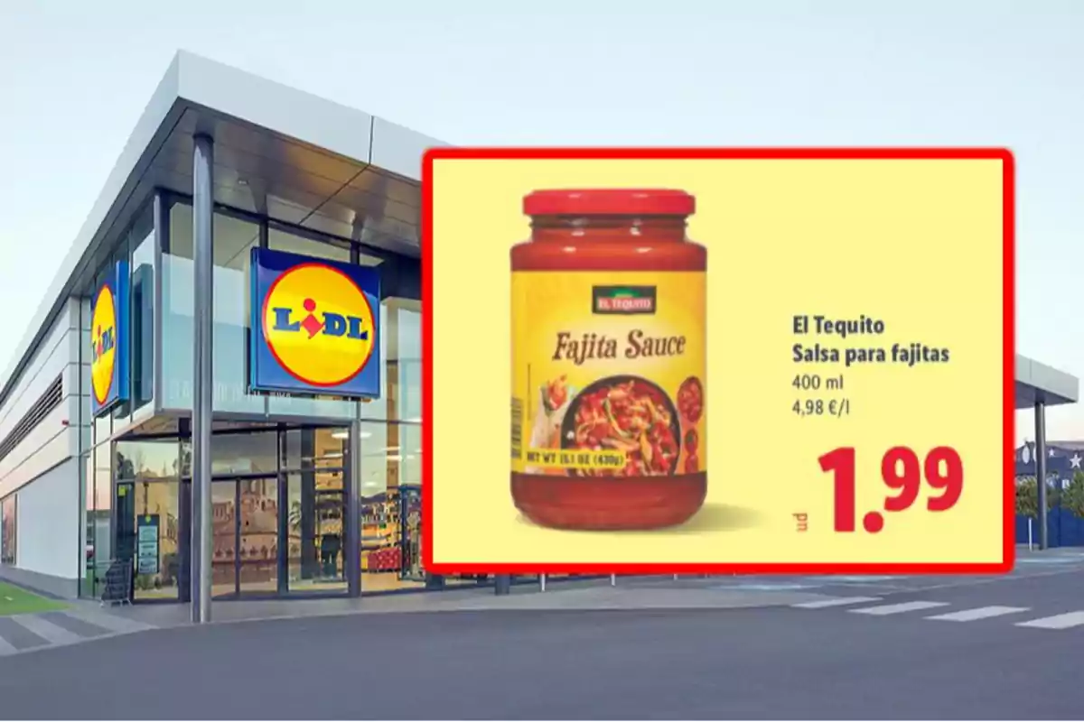 Façana de supermercat Lidl amb una promoció de salsa per a fajitas El Tequito de 400 ml a 1,99 euros Façana de supermercat Lidl amb una promoció de salsa per a fajitas El Tequito de 400 ml a 1,99 euros