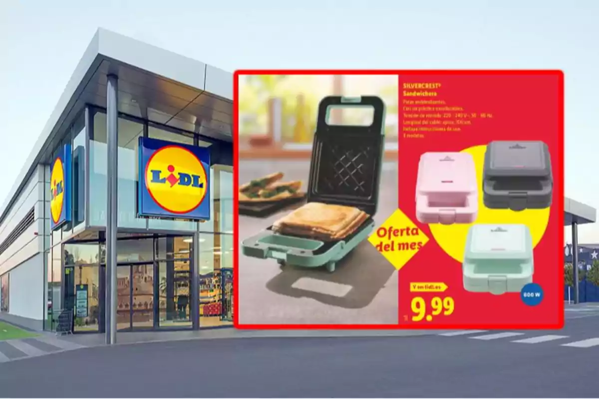Façana d’una botiga Lidl amb un anunci d’una sandvitxera en oferta per 9,99 euros en diferents colors Façana d’una botiga Lidl amb un anunci d’una sandvitxera en oferta per 9,99 euros en diferents colors
