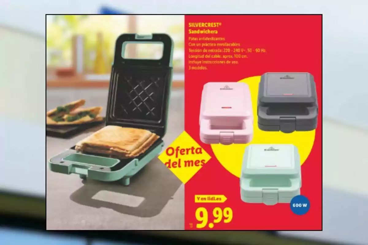 Sandvitxera elèctrica Silvercrest en colors verd, rosa i negre amb oferta del mes a 9,99 euros i capacitat de 600 W, acompanyada de sandvitxos acabats de fer sobre una taula Sandvitxera elèctrica Silvercrest en colors verd, rosa i negre amb oferta del mes a 9,99 euros i capacitat de 600 W, acompanyada de sandvitxos acabats de fer sobre una taula