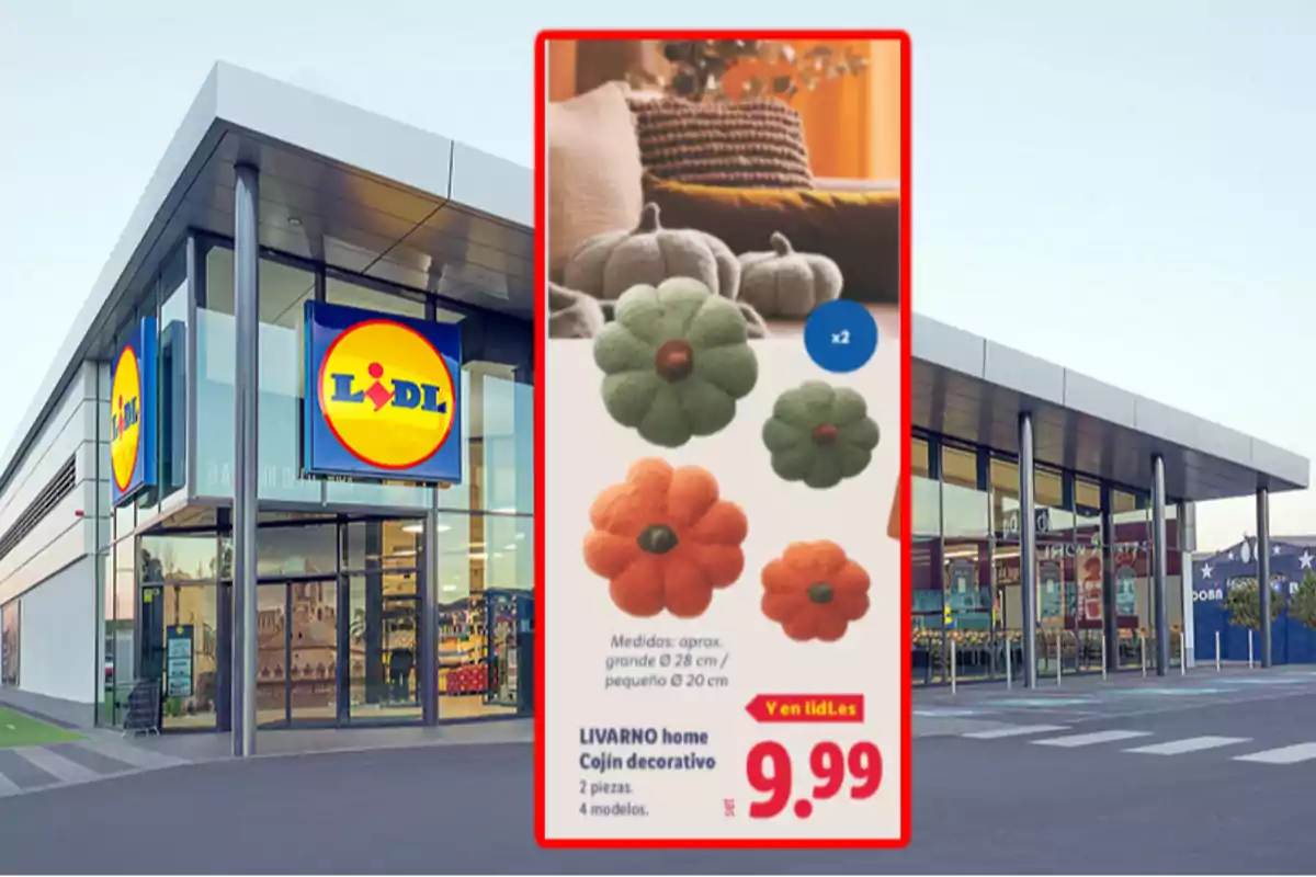 Botiga Lidl amb un cartell promocional de coixins decoratius en forma de flor i carbassa per 9,99 euros Botiga Lidl amb un cartell promocional de coixins decoratius en forma de flor i carbassa per 9,99 euros