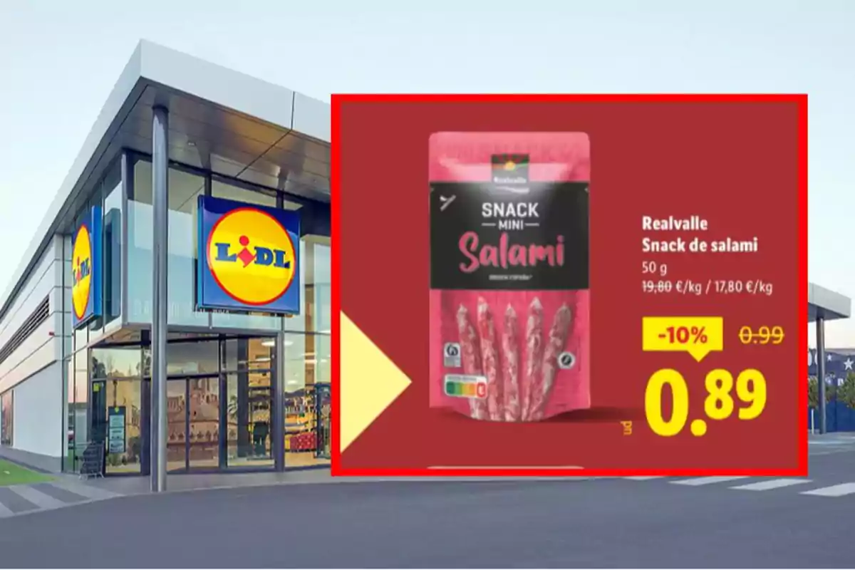 Façana de supermercat Lidl amb una promoció de snack de salami Realvalle a 0,89 euros destacada en un requadre vermell