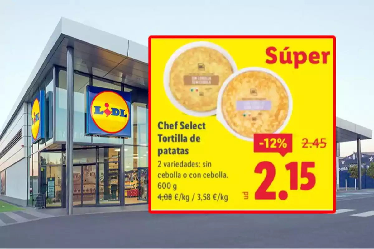 Façana d’un supermercat Lidl amb un cartell promocional de truita de patates Chef Select en oferta a 2,15 euros amb un descompte del 12 per cent. Façana d’un supermercat Lidl amb un cartell promocional de truita de patates Chef Select en oferta a 2,15 euros amb un descompte del 12 per cent.