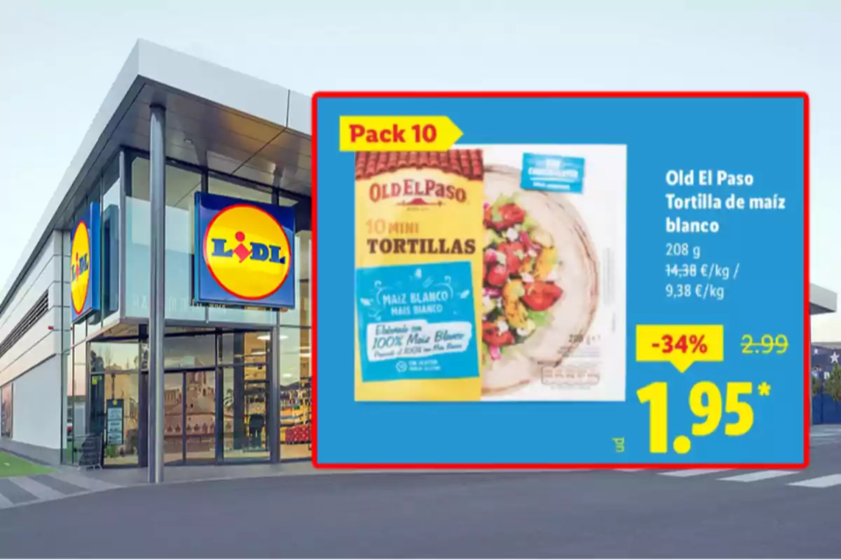 Façana de supermercat Lidl amb una oferta destacada de truites de blat de moro blanc Old El Paso en un cartell promocional que mostra el preu rebaixat a 1,95 euros Façana de supermercat Lidl amb una oferta destacada de truites de blat de moro blanc Old El Paso en un cartell promocional que mostra el preu rebaixat a 1,95 euros