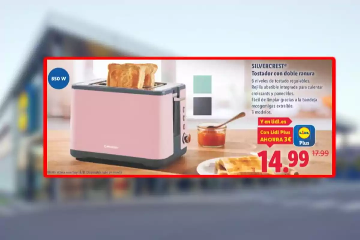 Torradora rosa de doble ranura amb dues llesques de pa torrat, un pot de melmelada i un plat amb torrades sobre una taula, oferta de 14,99 euros a Lidl Torradora rosa de doble ranura amb dues llesques de pa torrat, un pot de melmelada i un plat amb torrades sobre una taula, oferta de 14,99 euros a Lidl