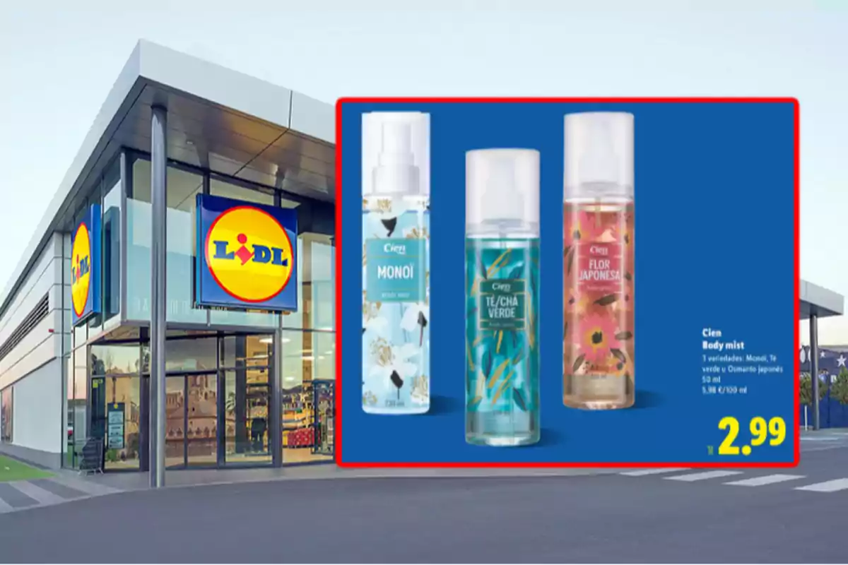 Façana de supermercat Lidl amb un anunci de tres body mist de la marca Cien en diferents fragàncies i el preu de 2,99 euros Façana de supermercat Lidl amb un anunci de tres body mist de la marca Cien en diferents fragàncies i el preu de 2,99 euros