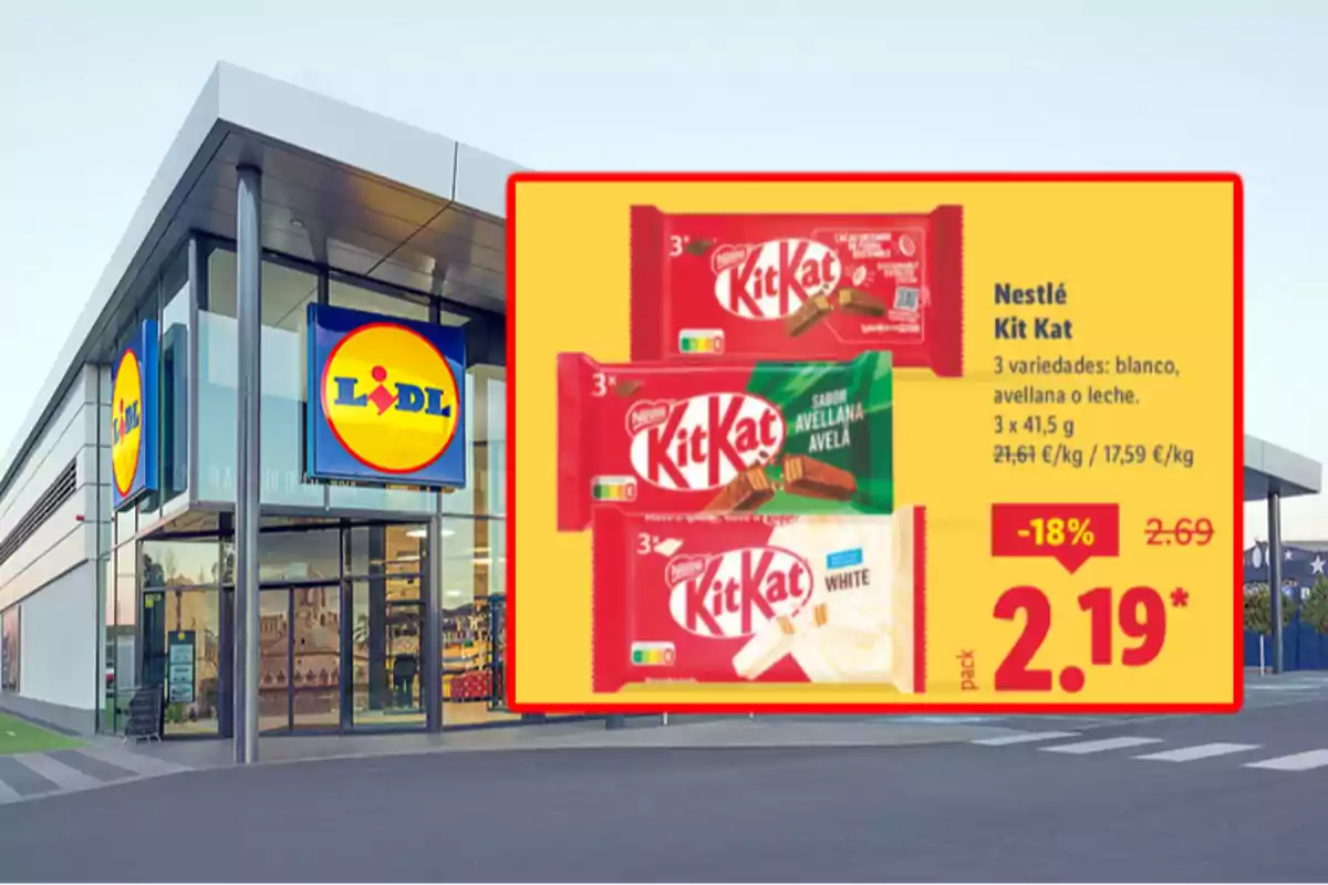 Façana d’una botiga Lidl amb una promoció de Kit Kat en tres varietats a un preu rebaixat de 2,19 euros Façana d’una botiga Lidl amb una promoció de Kit Kat en tres varietats a un preu rebaixat de 2,19 euros