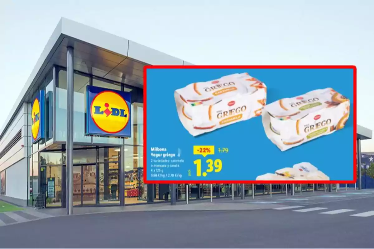Façana d’un supermercat Lidl amb una promoció destacada de iogurt grec Milbona en dues varietats a preu rebaixat Façana d’un supermercat Lidl amb una promoció destacada de iogurt grec Milbona en dues varietats a preu rebaixat