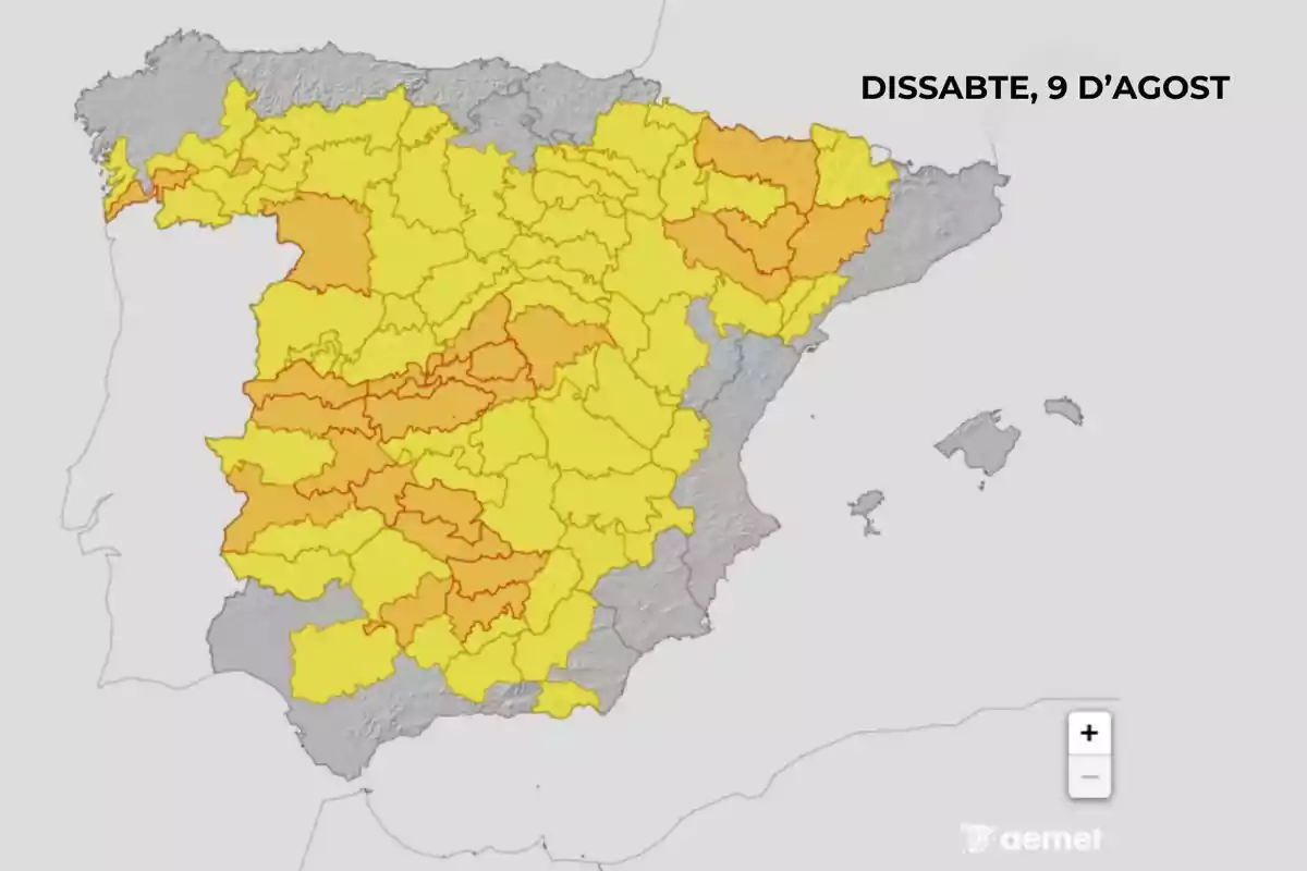 Mapa d’Espanya amb diverses províncies en groc i taronja indicant alertes meteorològiques per al dissabte 9 d’agost segons l’AEMET. Mapa d’Espanya amb diverses províncies en groc i taronja indicant alertes meteorològiques per al dissabte 9 d’agost segons l’AEMET.