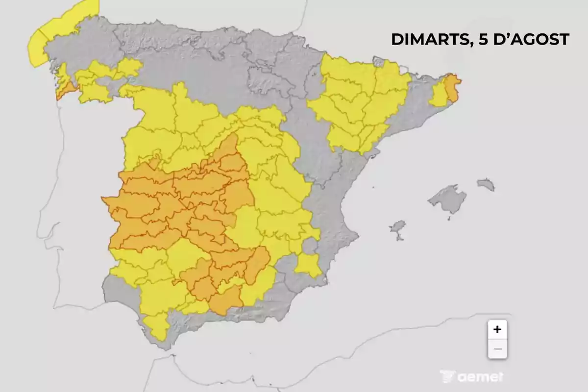 Mapa d’Espanya amb avisos meteorològics en groc i taronja per al dimarts 5 d’agost. Mapa d’Espanya amb avisos meteorològics en groc i taronja per al dimarts 5 d’agost.