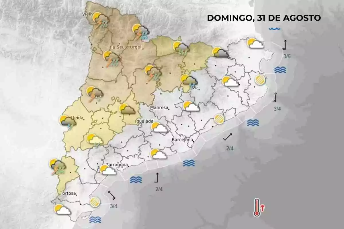 Mapa del pronóstico del tiempo para Cataluña el domingo 31 de agosto con lluvias y tormentas en el norte y oeste, nubes y claros en el resto de la región y símbolos de oleaje en la costa Mapa del pronóstico del tiempo para Cataluña el domingo 31 de agosto con lluvias y tormentas en el norte y oeste, nubes y claros en el resto de la región y símbolos de oleaje en la costa