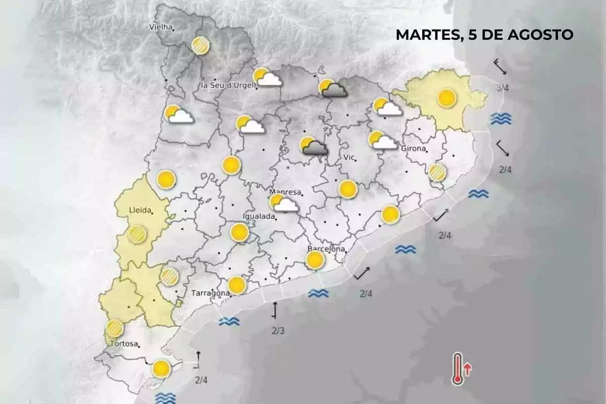 Mapa meteorológico de Cataluña para el martes 5 de agosto mostrando mayormente cielos despejados con algunas nubes en el norte y oeste y temperaturas elevadas Mapa meteorológico de Cataluña para el martes 5 de agosto mostrando mayormente cielos despejados con algunas nubes en el norte y oeste y temperaturas elevadas