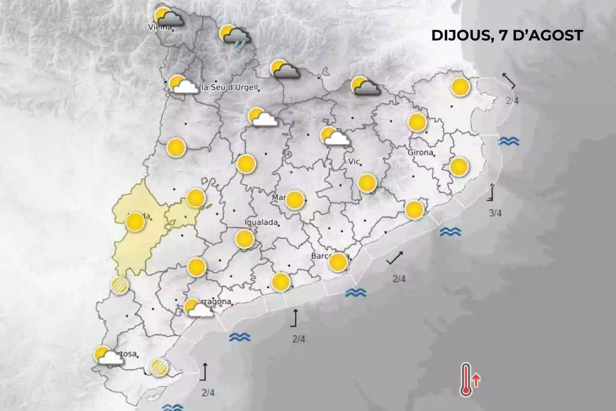 Mapa meteorològic de Catalunya per al dijous 7 d’agost amb predomini de sol a la major part del territori, alguns núvols i pluges al nord i temperatures elevades a la costa. Mapa meteorològic de Catalunya per al dijous 7 d’agost amb predomini de sol a la major part del territori, alguns núvols i pluges al nord i temperatures elevades a la costa.
