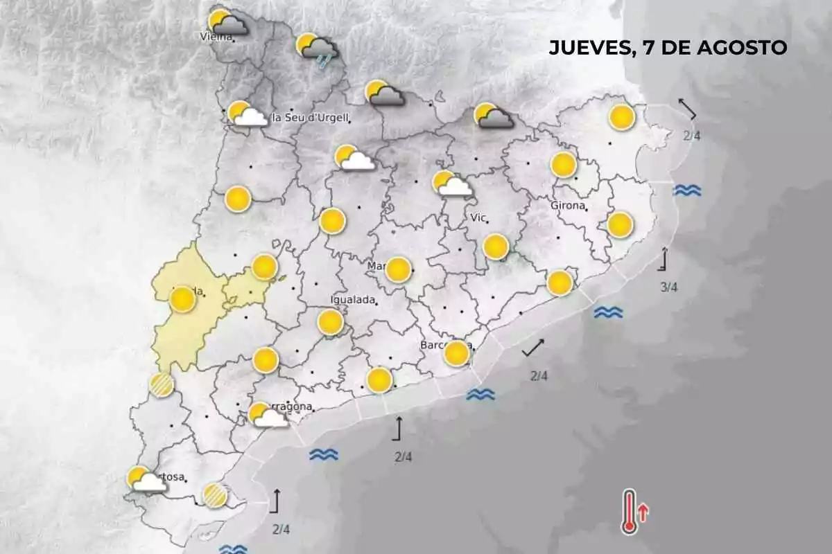 Mapa meteorológico de Cataluña para el jueves 7 de agosto con predominio de sol en la mayoría de las regiones, algunas nubes en el norte y suroeste, lluvias en el extremo norte y aviso de altas temperaturas Mapa meteorológico de Cataluña para el jueves 7 de agosto con predominio de sol en la mayoría de las regiones, algunas nubes en el norte y suroeste, lluvias en el extremo norte y aviso de altas temperaturas
