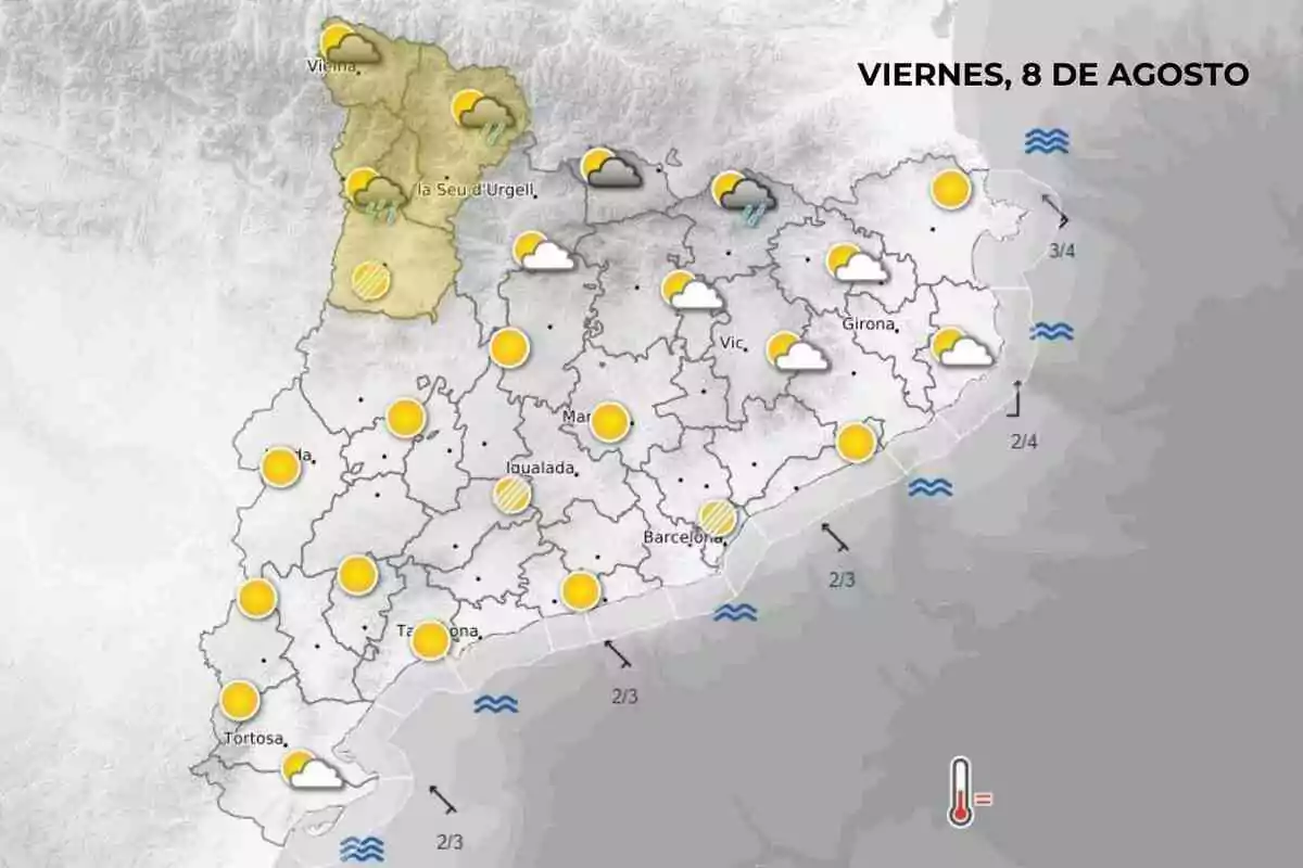 Mapa meteorológico de Cataluña para el viernes 8 de agosto con predominio de sol en la mayor parte del territorio, algunas nubes y lluvias en el norte y temperaturas elevadas Mapa meteorológico de Cataluña para el viernes 8 de agosto con predominio de sol en la mayor parte del territorio, algunas nubes y lluvias en el norte y temperaturas elevadas