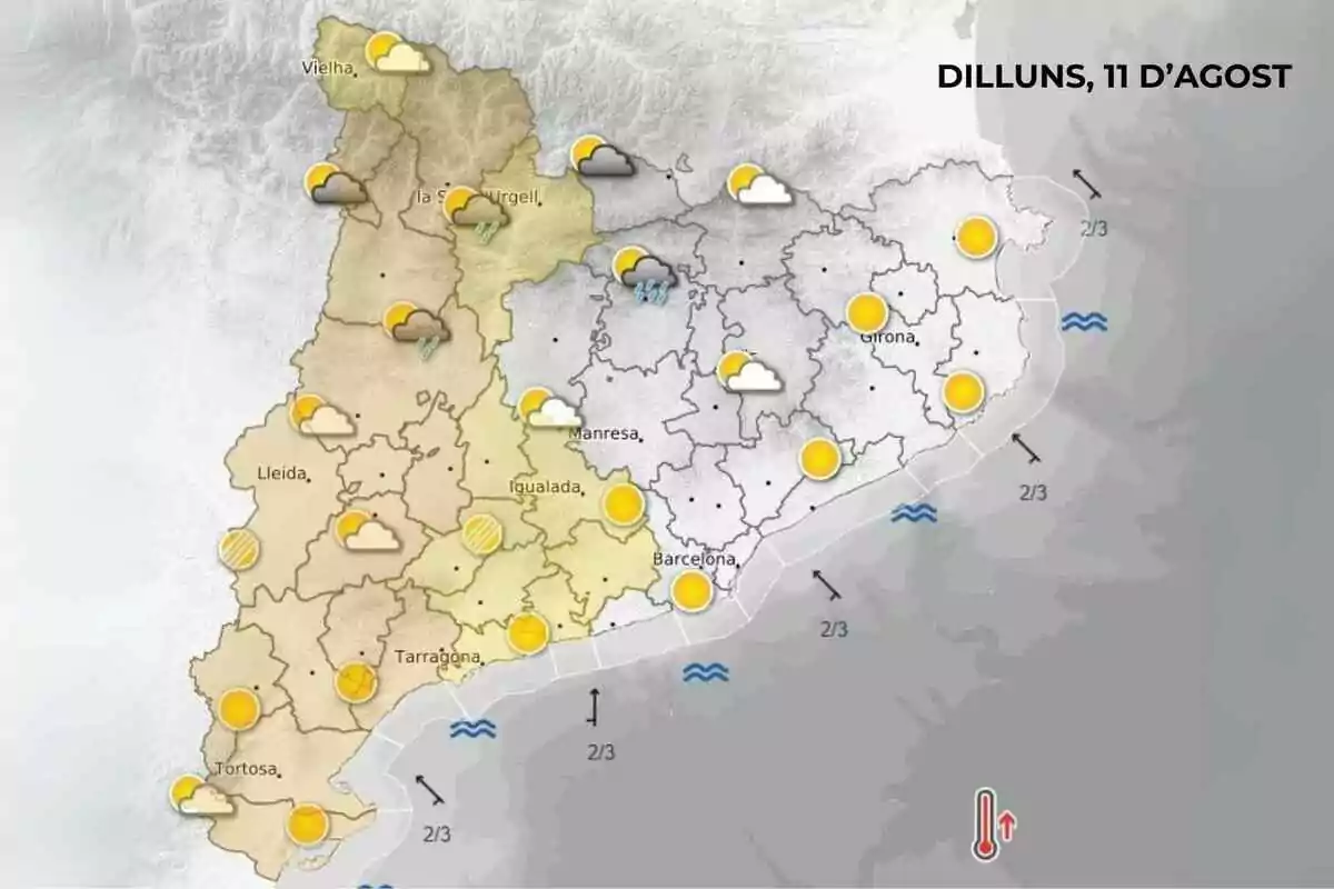 Mapa meteorològic de Catalunya per al dilluns 11 d’agost amb icones que mostren sol, núvols i pluges a diferents regions