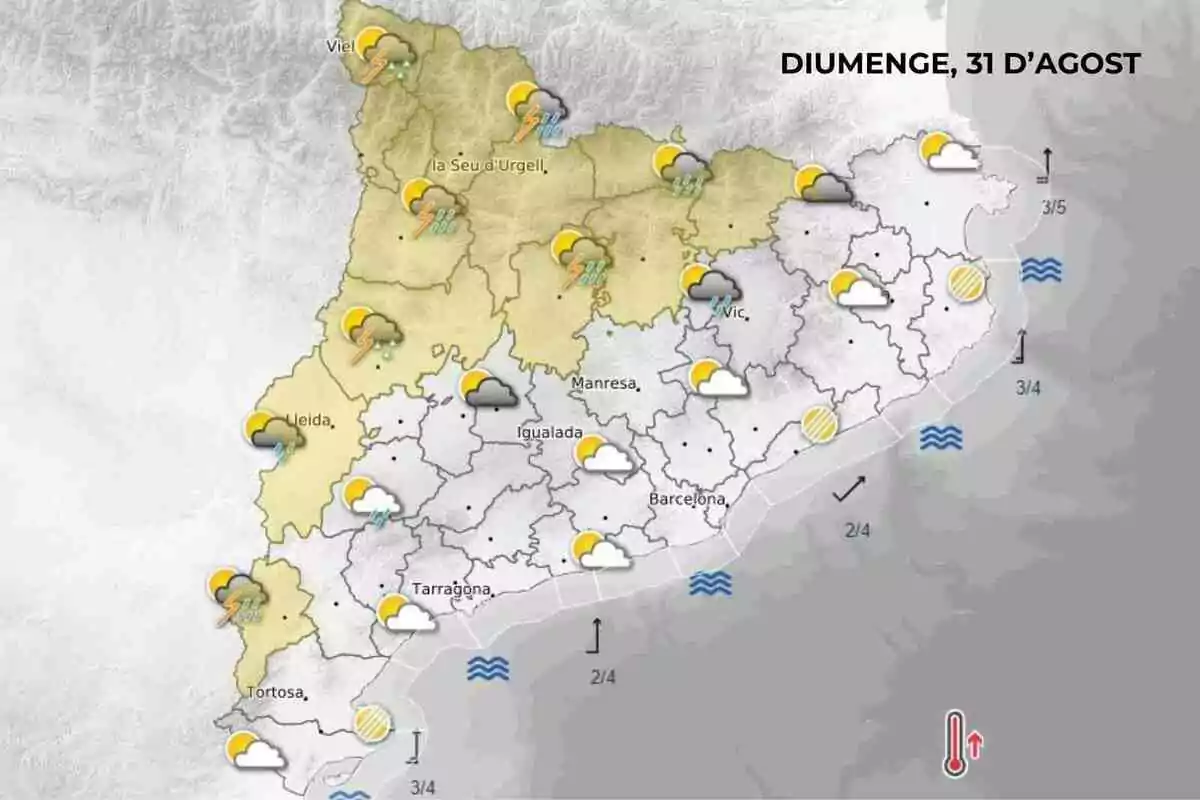 Mapa meteorològic de Catalunya per al diumenge 31 d’agost que mostra tempestes i pluges al nord i a l’oest, mentre que la resta de la regió presenta intervals ennuvolats i algunes zones assolellades. Mapa meteorològic de Catalunya per al diumenge 31 d’agost que mostra tempestes i pluges al nord i a l’oest, mentre que la resta de la regió presenta intervals ennuvolats i algunes zones assolellades.
