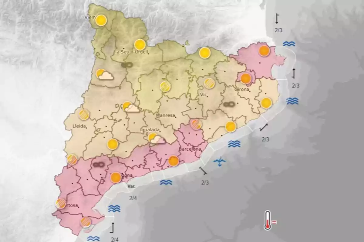 Mapa meteorològic de Catalunya amb símbols de sol, núvols i advertiments de calor a diferents regions Mapa meteorològic de Catalunya amb símbols de sol, núvols i advertiments de calor a diferents regions