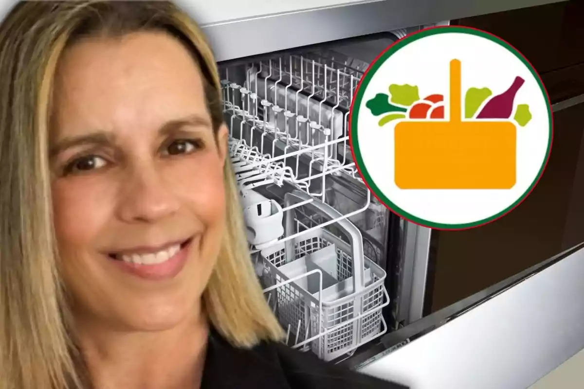 Mujer sonriente en primer plano con un lavavajillas abierto de fondo y un icono de canasta de compras con alimentos en la esquina superior derecha