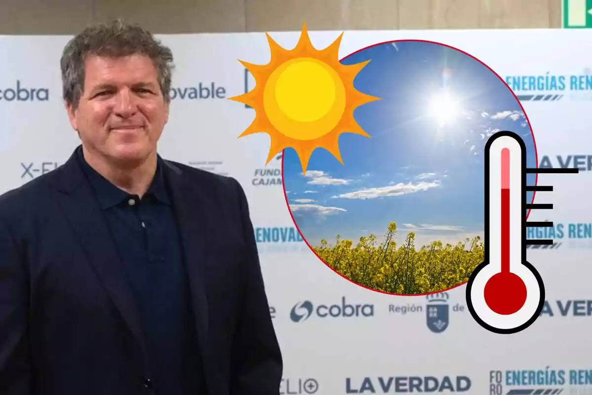 Hombre de cabello canoso con saco oscuro posando frente a un fondo de logotipos, junto a un gráfico de sol, termómetro y campo soleado que representa altas temperaturas.
