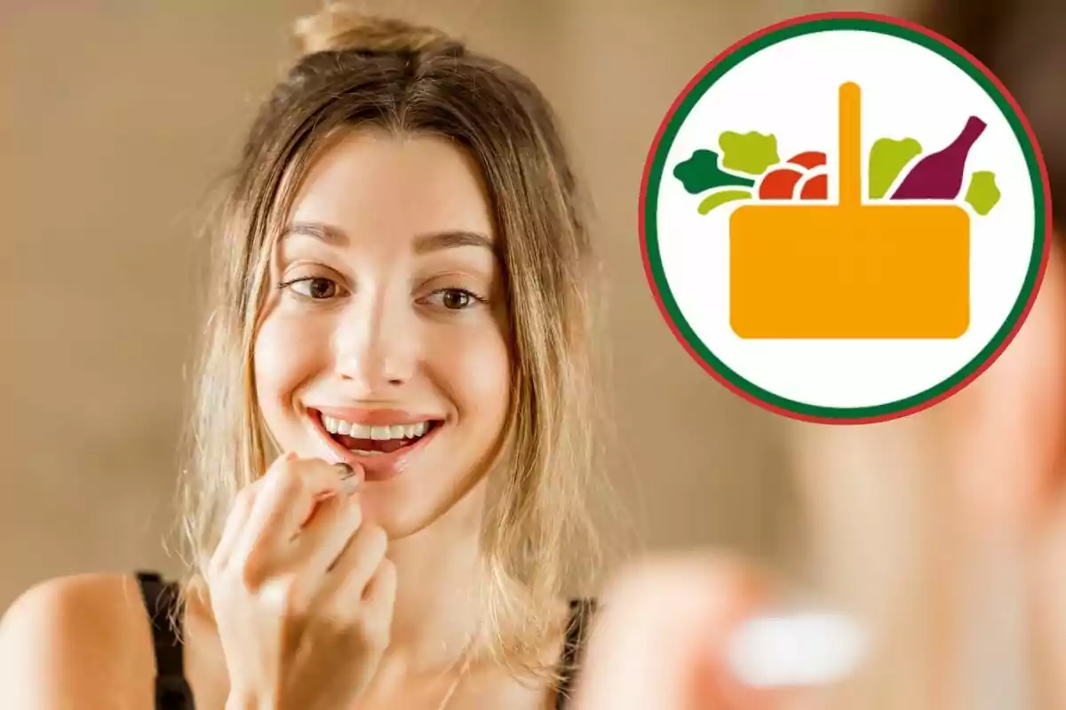 Mujer joven aplicándose labial frente a un espejo con un gráfico de una canasta de alimentos en la esquina superior derecha Mujer joven aplicándose labial frente a un espejo con un gráfico de una canasta de alimentos en la esquina superior derecha