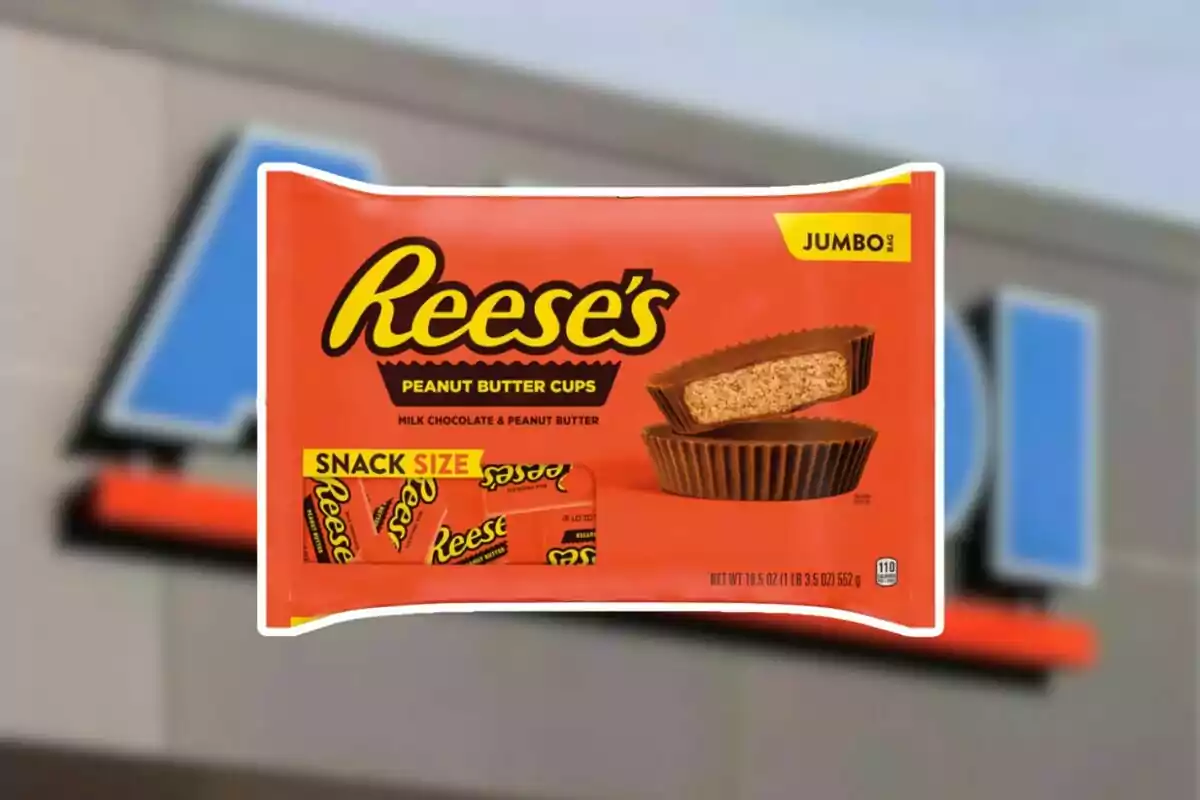 Jumbo-sized bag of Reese's Peanut Butter Cups with a blurred store background Jumbo-sized bag of Reese's Peanut Butter Cups with a blurred store background