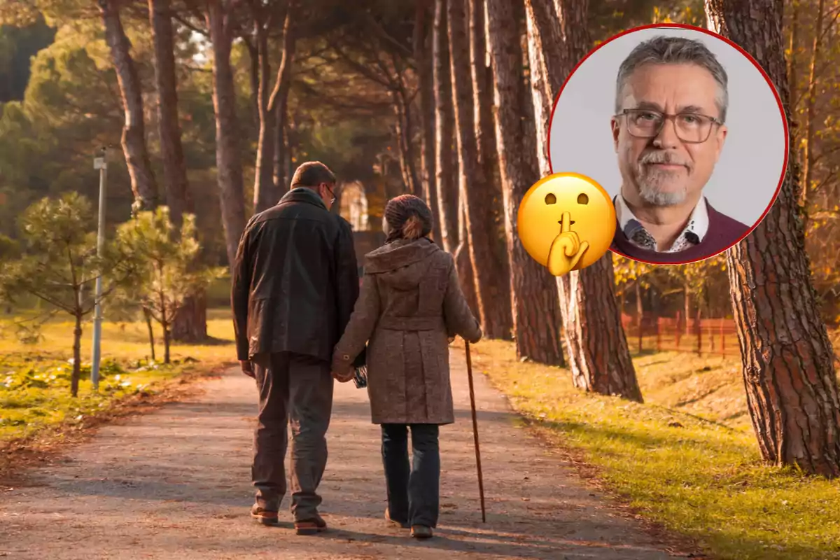 Elderly couple walking along a trail in the forest while a portrait of Alfredo Corell with glasses and a silence emoji appears in the upper right corner.