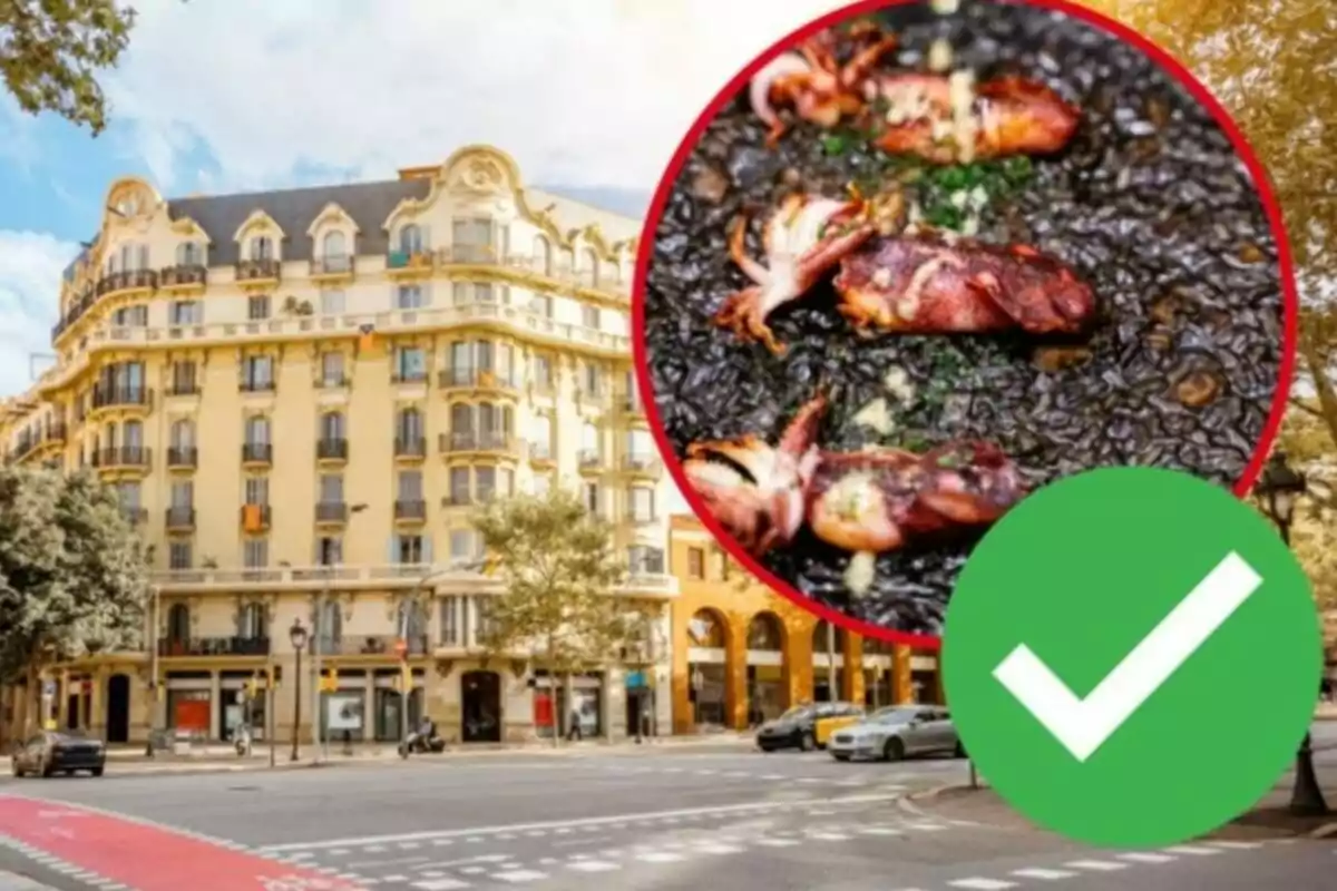 Edificio clásico en una esquina de ciudad con un círculo que muestra un plato de arroz negro con calamares y un gran símbolo de verificación verde