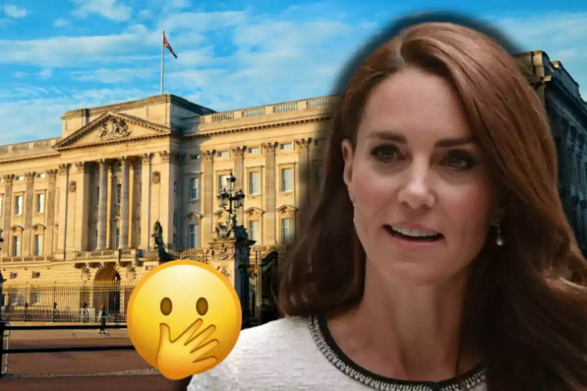 Kate Middleton appears in the foreground in front of Buckingham Palace with a surprised emoji covering its mouth in the bottom left corner.