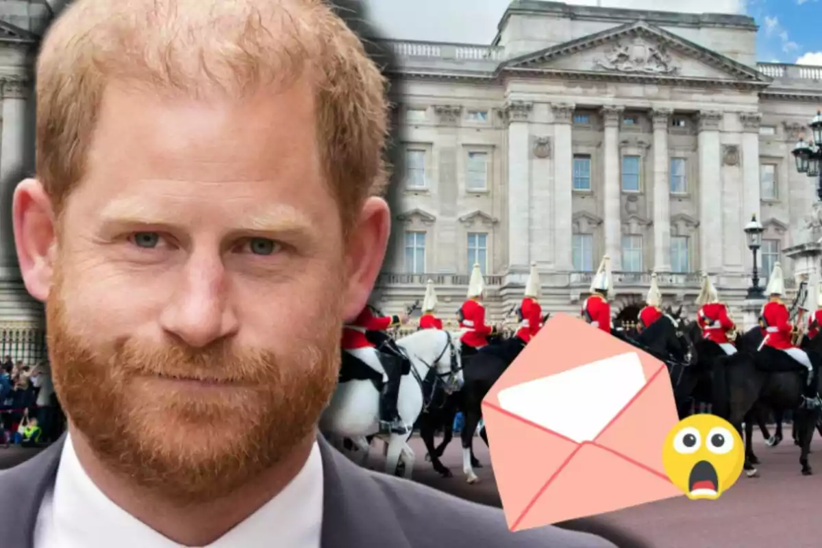 El príncep Harry al capdavant d’un edifici històric, un grup de guàrdies a cavall i un sobre amb un emoji sorprès en primer pla El príncep Harry al capdavant d’un edifici històric, un grup de guàrdies a cavall i un sobre amb un emoji sorprès en primer pla