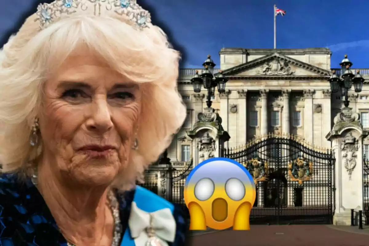 Queen Camilla with a crown in front of a palace with a British flag and a surprised emoji