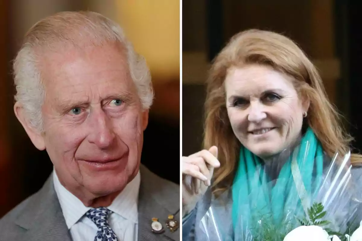 Carles III i Sarah Ferguson somrient apareixen en un muntatge de dos retrats. Carles III i Sarah Ferguson somrient apareixen en un muntatge de dos retrats.
