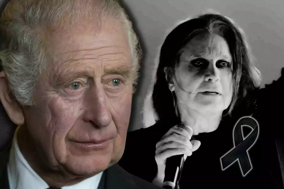Carles III i Ozzy Osbourne apareixen a la imatge, una en color i l’altra en blanc i negre, al costat d’un llaç negre que simbolitza dol.