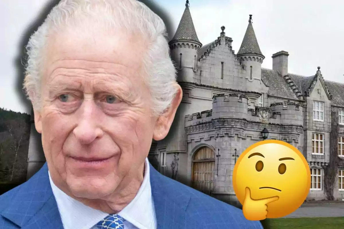 Carles III amb expressió seriosa davant d’un castell de pedra i un emoji de cara pensativa en primer pla
