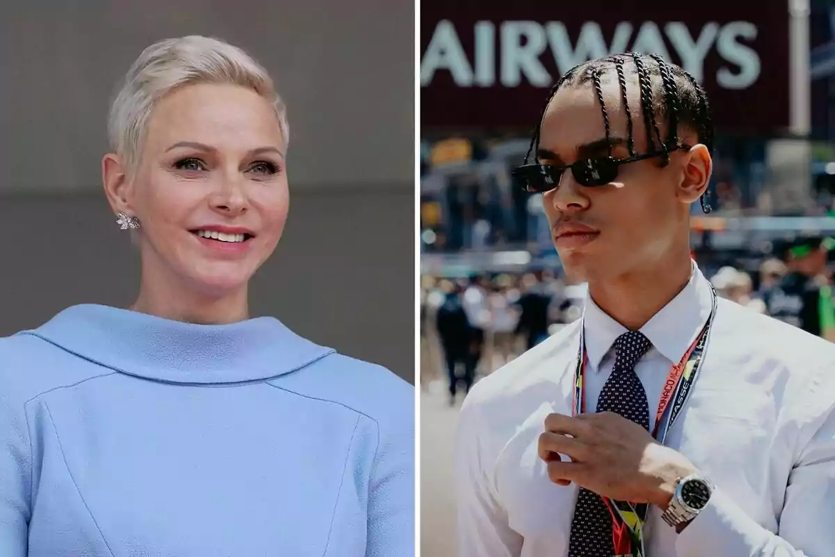 Charlene i Alexandre Grimaldi posen en diferents entorns, una dona de cabell curt i ros amb un vestit blau clar i un home amb trenes, ulleres de sol i camisa blanca amb corbata. Charlene i Alexandre Grimaldi posen en diferents entorns, una dona de cabell curt i ros amb un vestit blau clar i un home amb trenes, ulleres de sol i camisa blanca amb corbata.